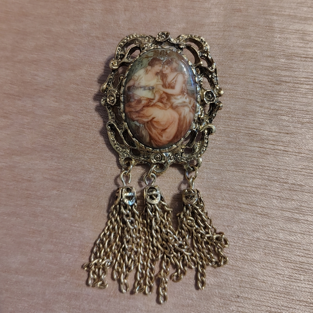 Vintage Cameo Porcelain Brooch/pendant Painting Neoclassical Woman Tassel - Picture 4 of 6